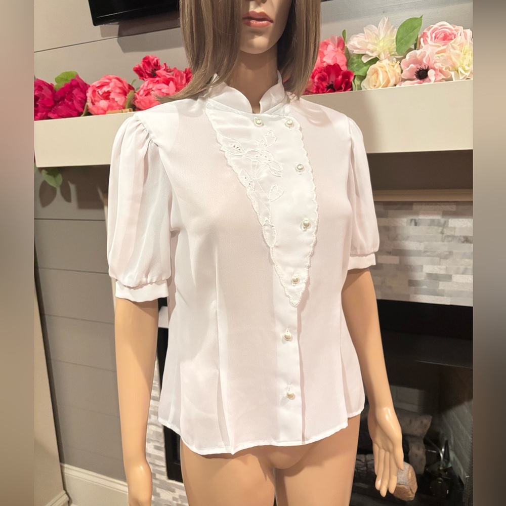 Vtg 50’s white sheer nylon chiffon embroidered secretary geek tailored blouse